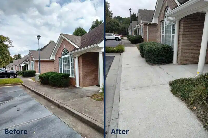 Before and After pressure washing results - office sidewalk.